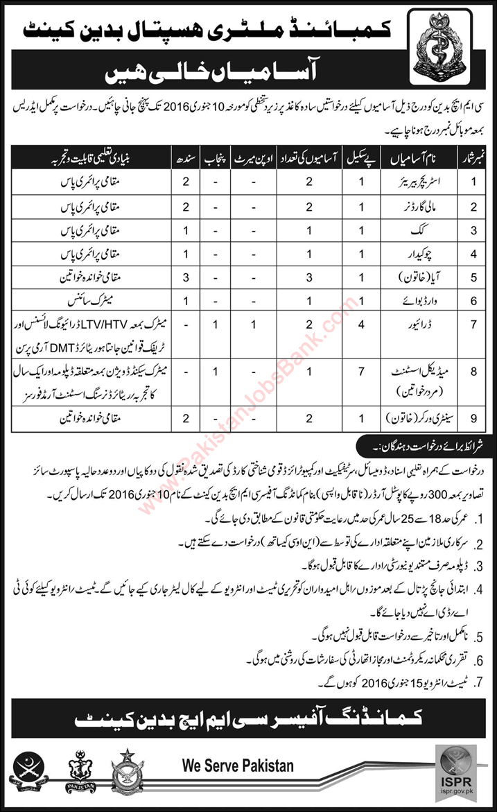 Combined Military Hospital Badin Jobs December 2015 / 2016 CMH Latest