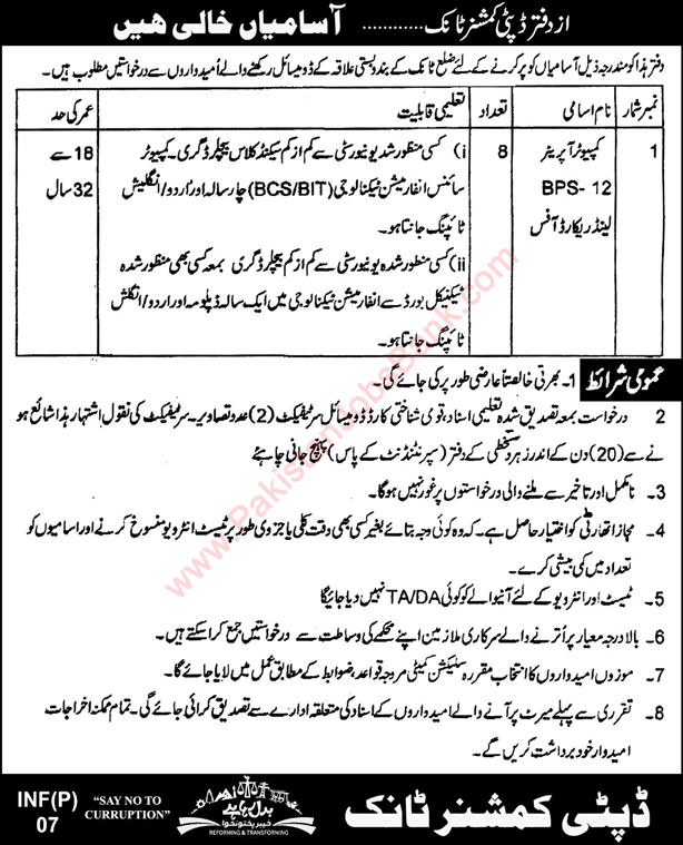 Deputy Commissioner Office Tank Jobs 2016 KPK Computer Operators at Land Record Office Latest