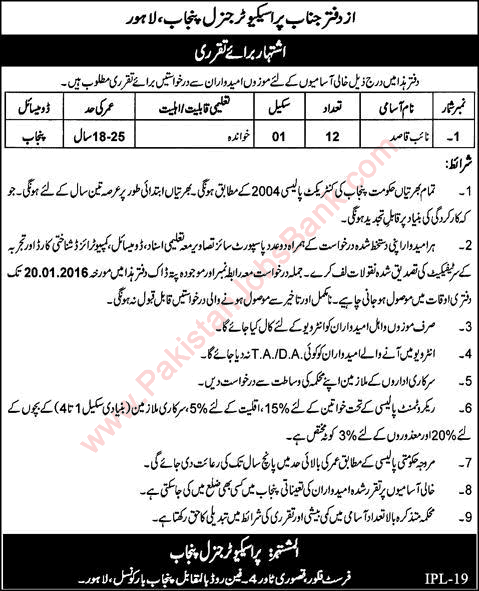 Office of Prosecutor General Punjab Lahore Jobs 2016 for Naib Qasid Latest