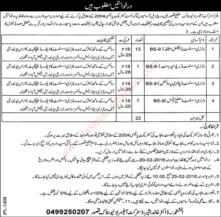 District Livestock Office Kasur Jobs 2016 February Veterinary Assistants Latest