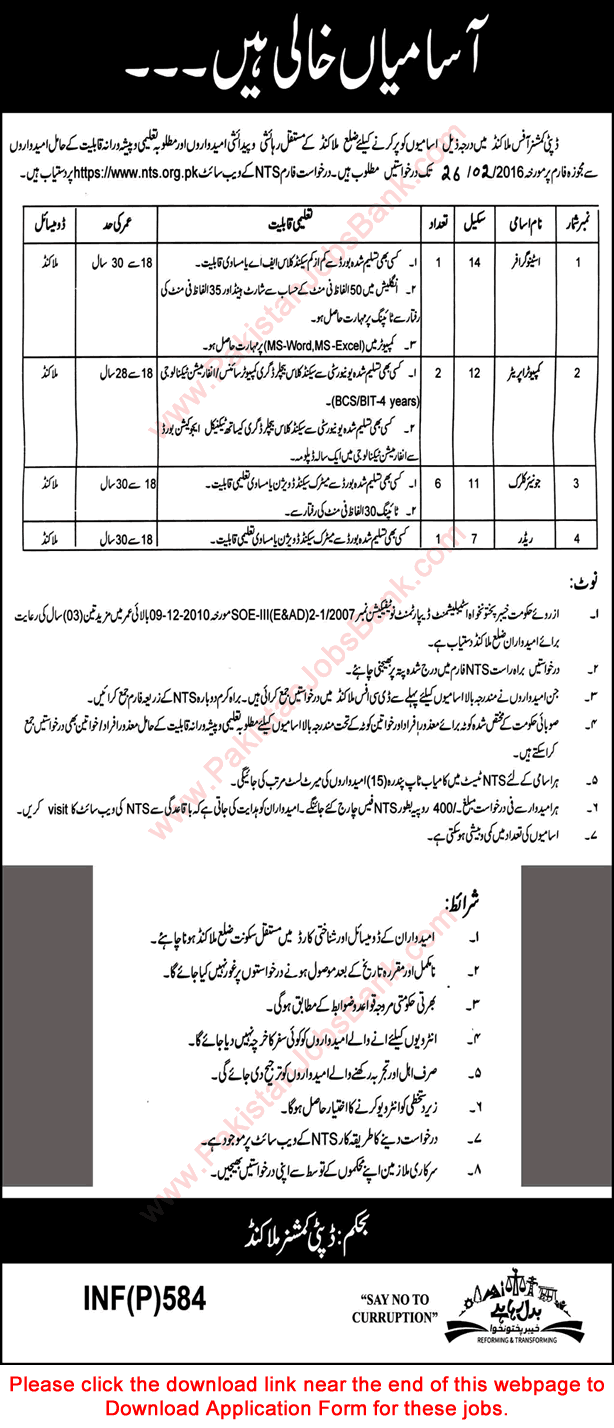 Deputy Commissioner Office Malakand Jobs 2016 February KPK NTS Application Form Download Latest