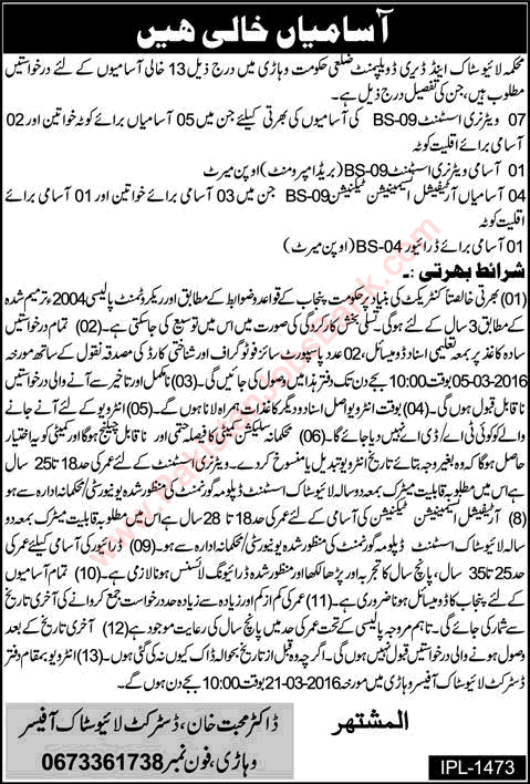 Livestock and Dairy Development Department Vehari Jobs 2016 February Veterinary Assistants, AI Technicians & Driver