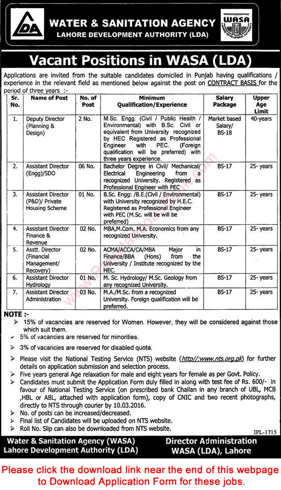 WASA Lahore Jobs 2016 February LDA NTS Application Form Deputy / Assistant Directors Latest