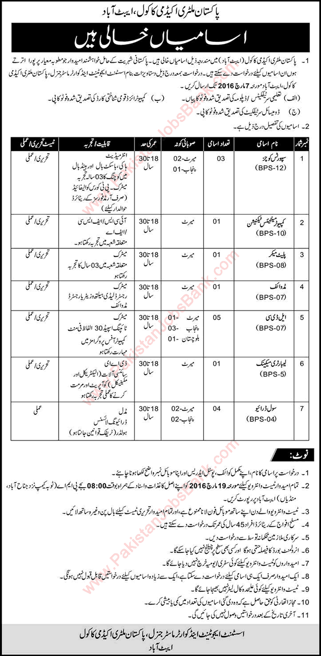 Pakistan Military Academy Kakul Jobs 2016 February Abbottabad Clerks, Sports Coaches, Drivers & Others Latest