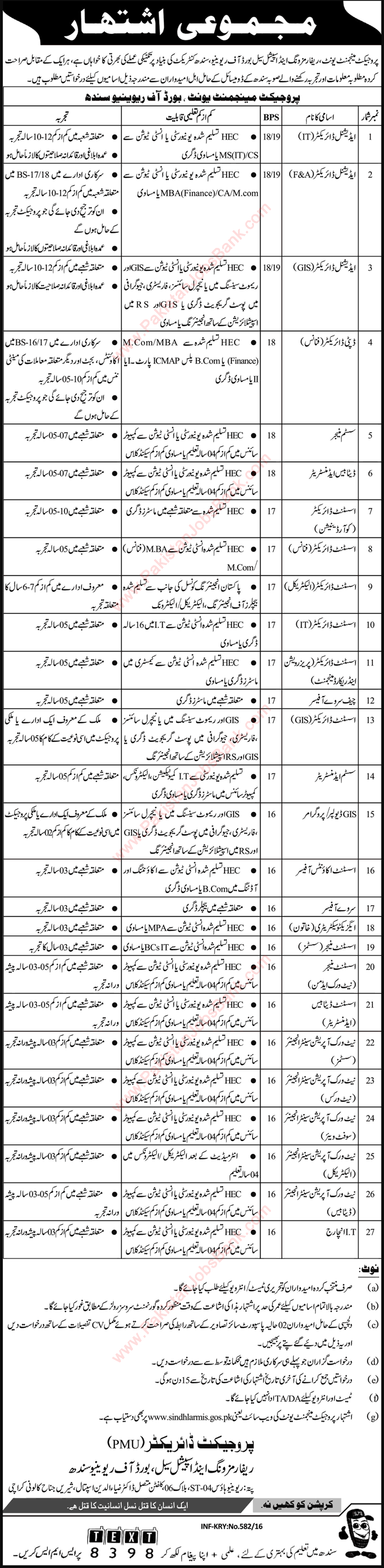 Board of Revenue Sindh Jobs 2016 February / March Directors, Managers, Engineers & Others Latest