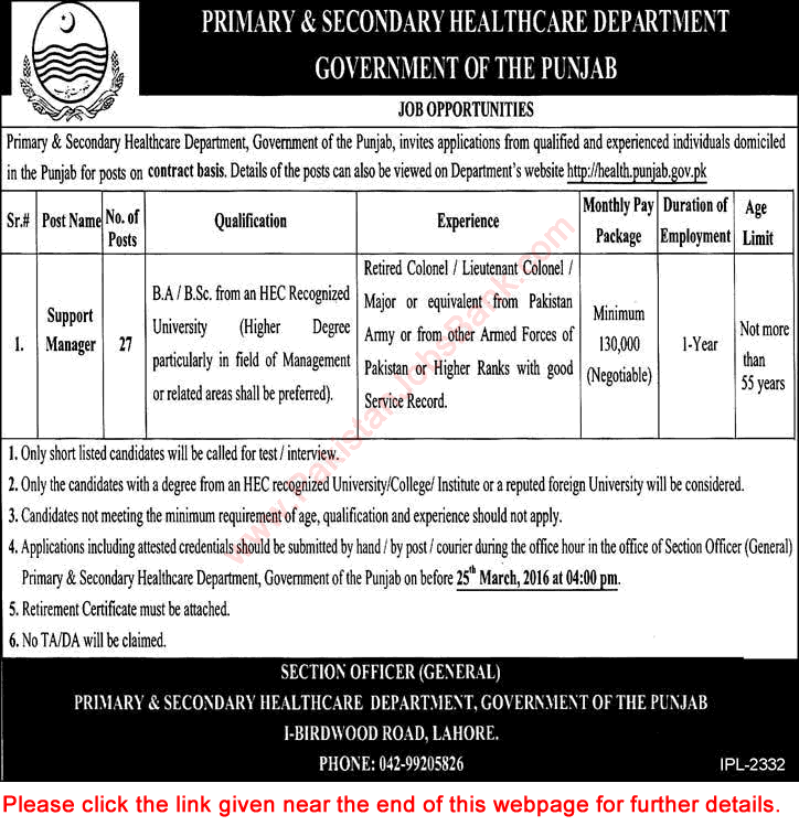 Primary and Secondary Healthcare Department Punjab Jobs 2016 March Support Managers at DHQ Hospitals Latest