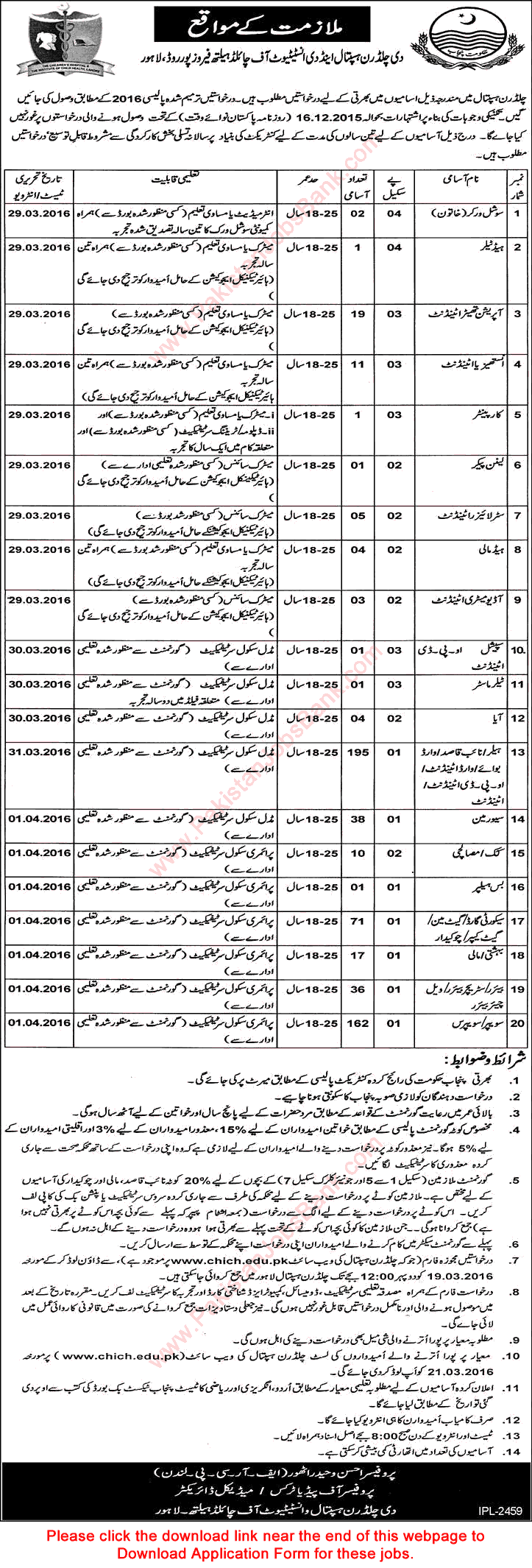 Children's Hospital Lahore Jobs March 2016 Application Form The Institute of Child Health CHICH Latest