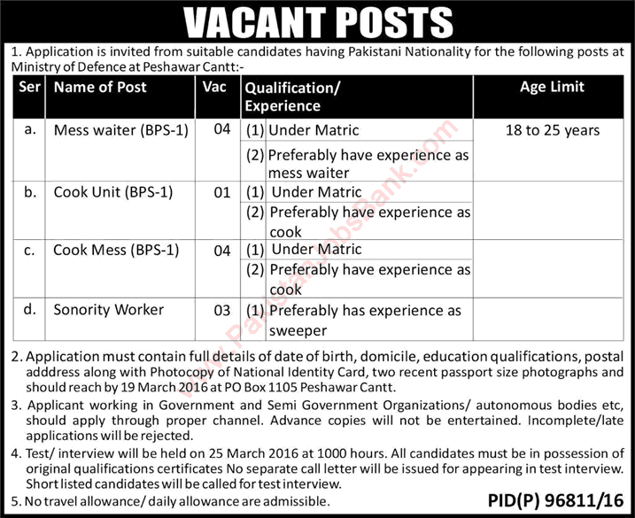 Ministry of Defence Peshawar Cantt Jobs 2016 March MOD Mess Waiters, Cooks & Sanitary Workers Latest