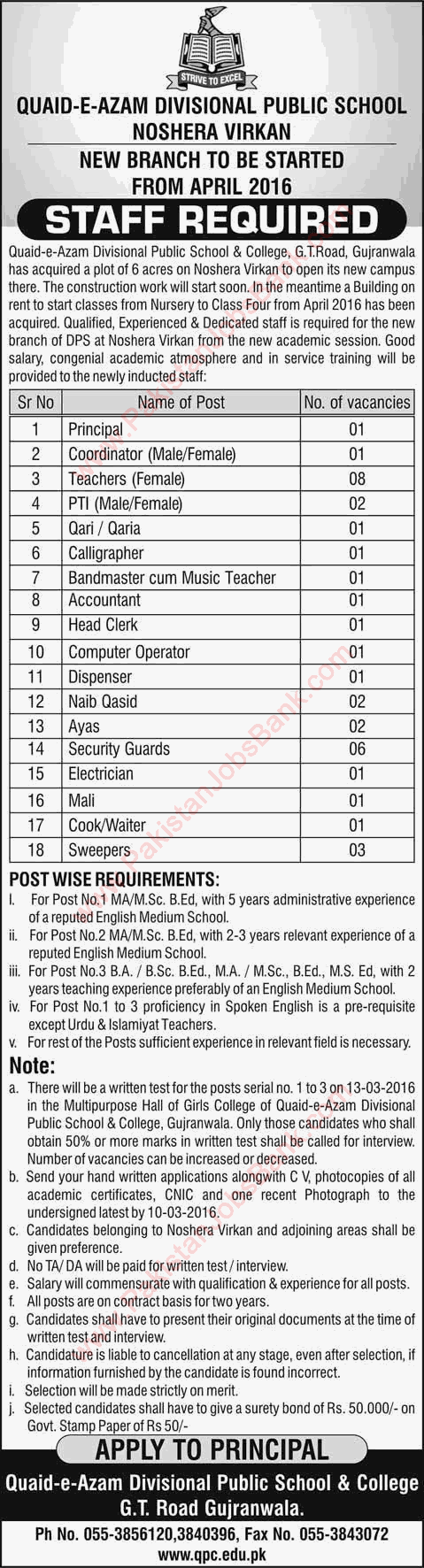 Quaid-e-Azam Divisional Public School and College Gujranwala Jobs 2016 March Teachers, Admin & Support Staff Latest