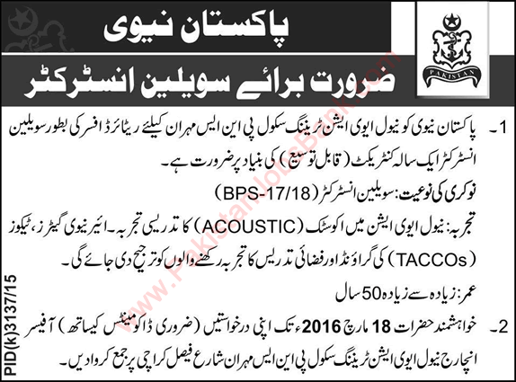 Civilian Instructor Jobs in Pakistan Navy 2016 March at Naval Aviation Training School PNS Mehran Latest