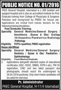 PAEC General Hospital Islamabad House Jobs & Postgraduate Trainings 2016 March Latest