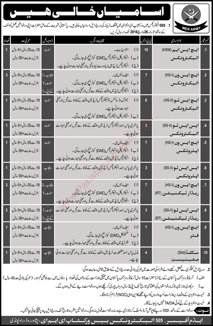 505 Electronics Base Workshop EME Rawalpindi Jobs 2016 March Pakistan Army Skilled Technicians MES Latest