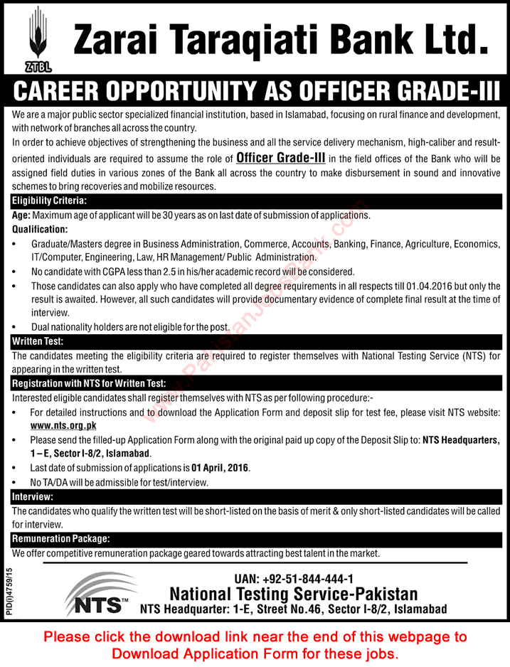 ZTBL Jobs 2016 March Officer Grade 3 (III) NTS Application Form Latest Advertisement