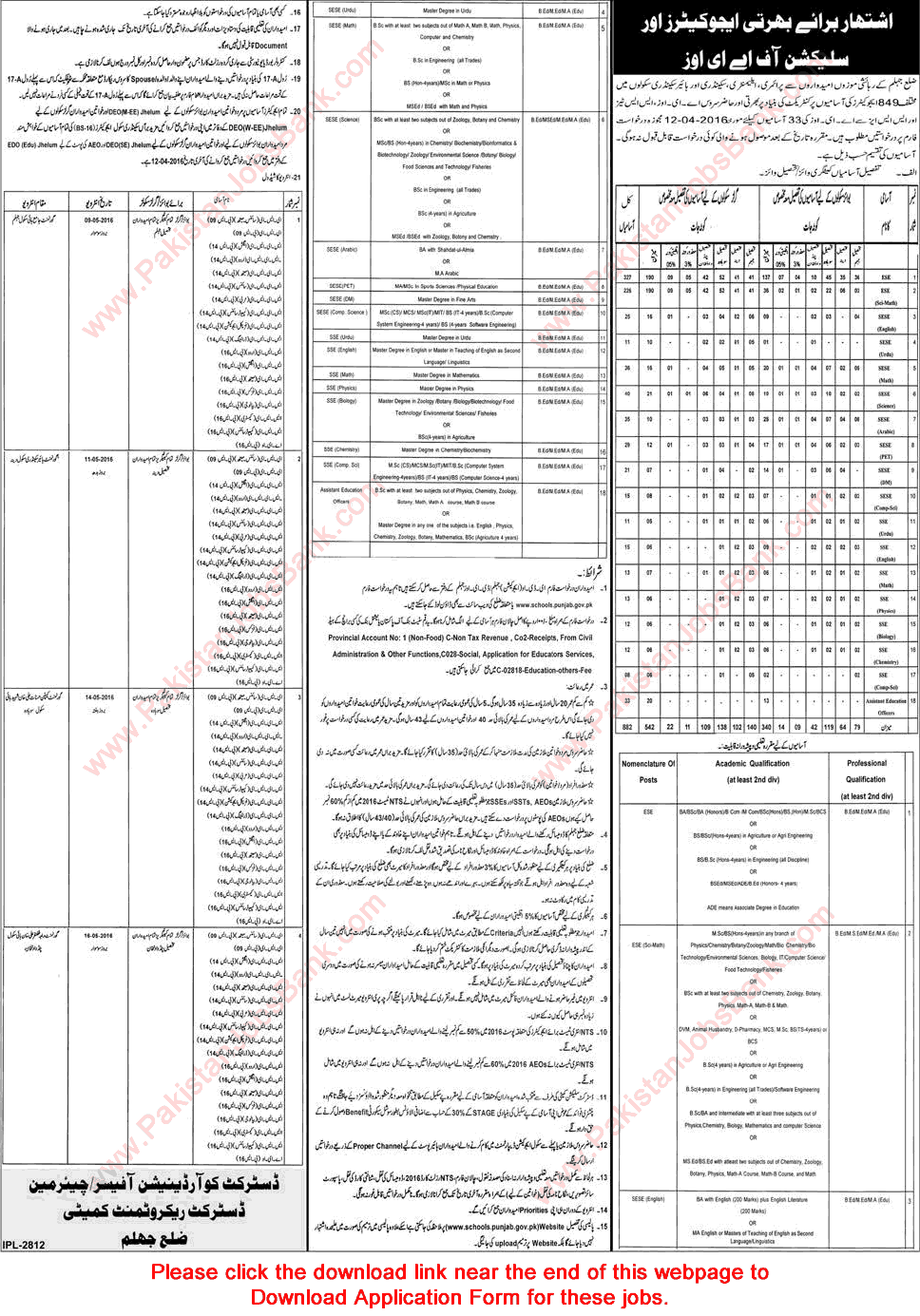 School Education Department Jhelum Jobs 2016 March Educators & AEO Application Form Punjab Latest