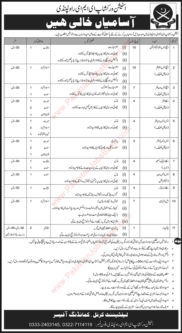 Station Workshop EME Rawalpindi Jobs 2016 March Pakistan Army Skilled Workers, Clerks & Chowkidar Latest