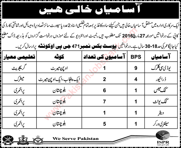 PO Box 471 GPO Quetta Jobs 2016 March Cooks, Drivers, Sanitary Workers, Waiter & Clerk Latest