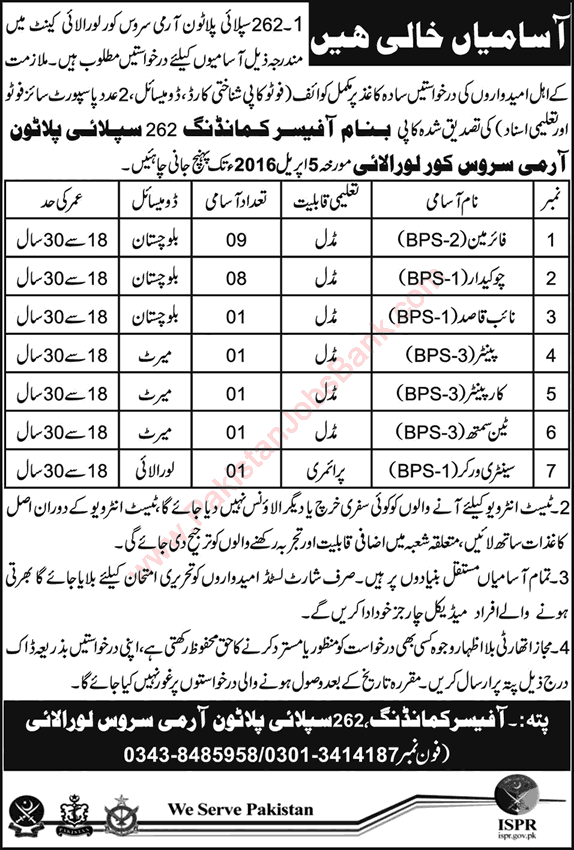 262 Supply Platoon Army Service Corps (ASC) Loralai Jobs 2016 March Firemen, Chowkidar & Others Latest