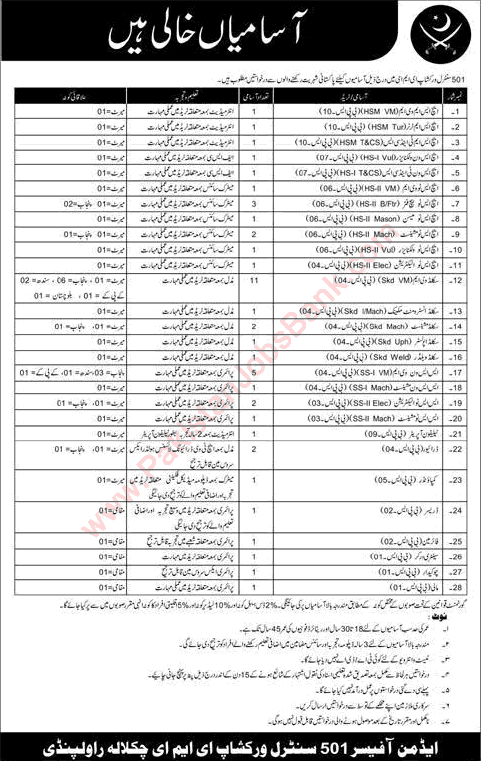 501 Central Workshop EME Chaklala Rawalpindi Jobs March 2016 Pakistan Army Latest Advertisement