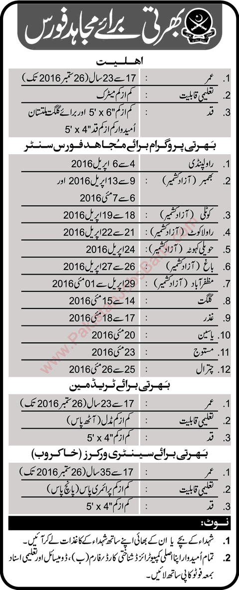 Mujahid Force Jobs 2016 March Rawalpindi, Gilgit Baltistan & AJK Sipahi, Tradesman & Sanitary Workers Latest