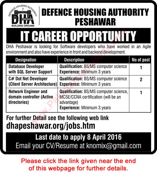 DHA Peshawar Jobs 2016 March / April Database / C# / Dot Net Developers & Network Engineer Latest