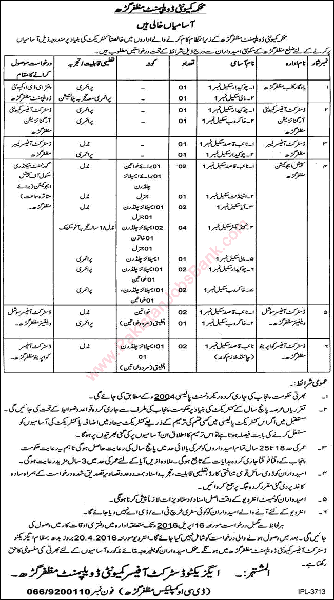 Community Development Department Muzaffargarh Jobs 2016 April Naib Qasid, Chowkidar, Mali & Others Latest