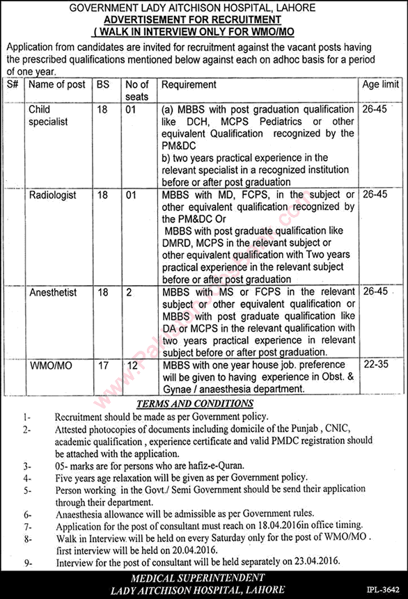 Lady Aitchison Hospital Lahore Jobs April 2016 Medical Officers & Specialist Doctors Walk in Interview Latest