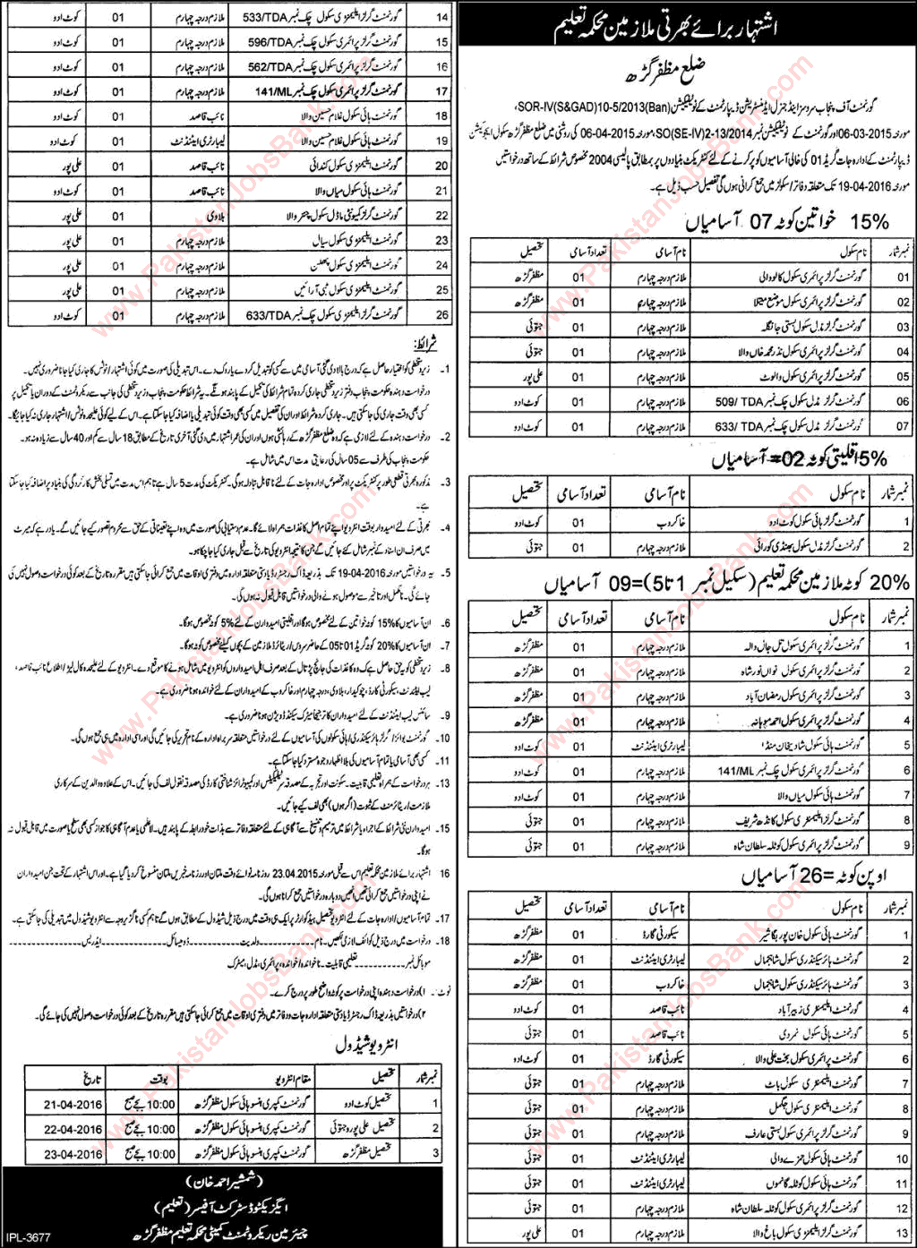 Education Department Muzaffargarh Jobs 2016 April Darja Chaharam, Khakroob, Naib Qasid & Others Latest