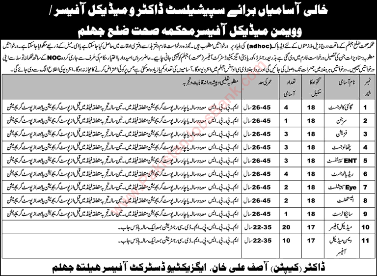 Health Department Jhelum Jobs April 2016 Medical Officers & Specialist Doctors Latest