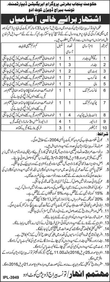 Irrigation Department Taunsa Barrage Division Kot Addu Jobs 2016 April Khakroob, Baildar, Mali & Others Latest