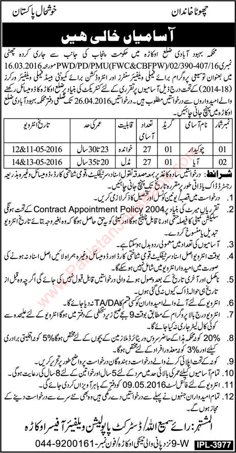 Population Welfare Department Okara Jobs 2016 April Punjab Aya & Chowkidar Mehkma Behbood-e-Abadi Latest