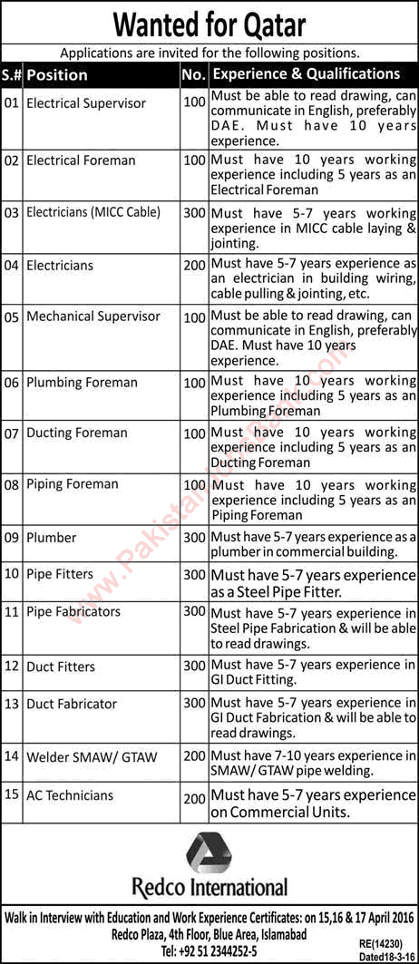 Redco International Qatar Jobs April 2016 Walk in Interviews Latest Advertisement