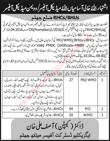 Health Department Jhelum Jobs April 2016 Medical Officer at Rural / Basic Health Units Latest