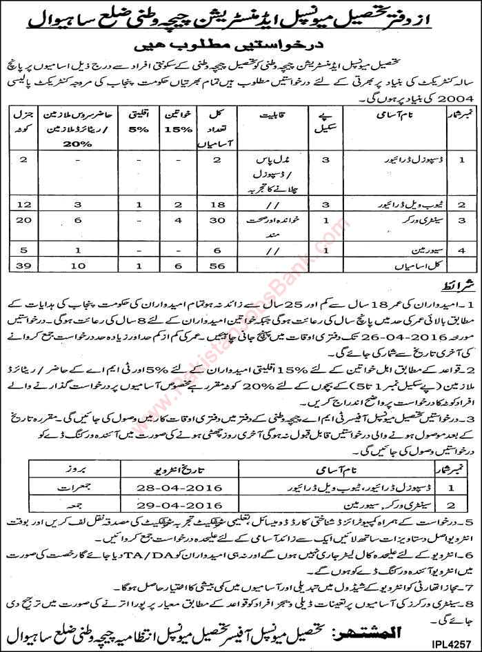 TMA Chichawatni Jobs 2016 April Sanitary Workers, Tubewell Driver & Others at Tehsil Municipal Administration Latest