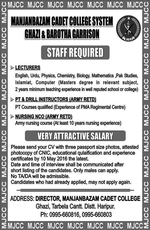 Man Janbazam Cadet College Ghazi Barotha Jobs April 2016 MJCC Lecturers, PT/ Drill Instructors & Nursing NCO Latest