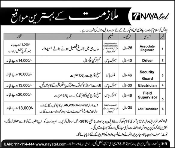 Nayatel Jobs in Islamabad April 2016 Rawalpindi DAE Associate Engineers, Electricians, Drivers & Others