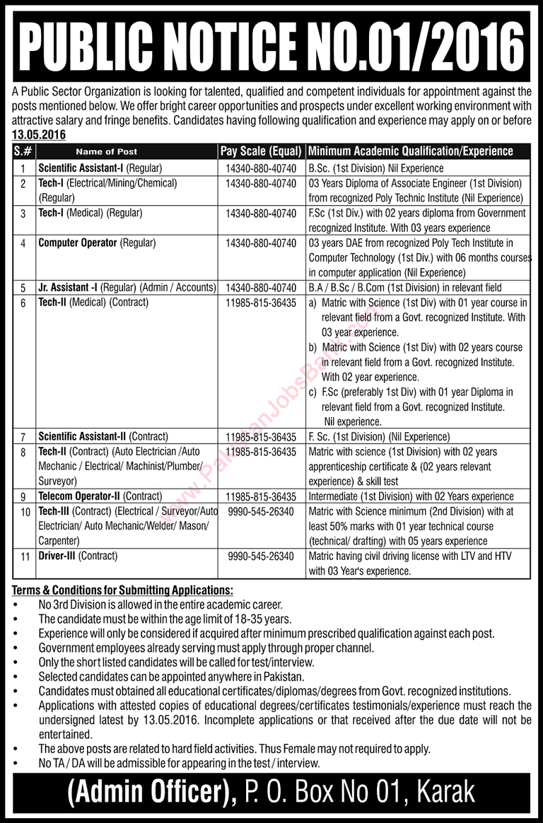 PO Box 01 Karak Jobs 2016 April PAEC Technicians, Scientific Assistants, Telecom Operators & Others Latest