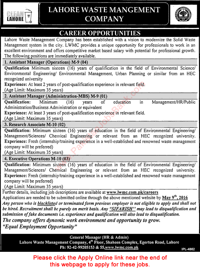 Lahore Waste Management Company Jobs 2016 April LWMC Apply Online Managers & Others Latest