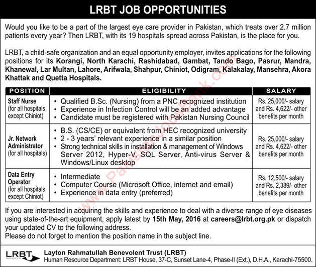 LRBT Jobs May 2016 Eye Hospitals Pakistan Staff Nurses, Network Administrators & Data Entry Operators Latest