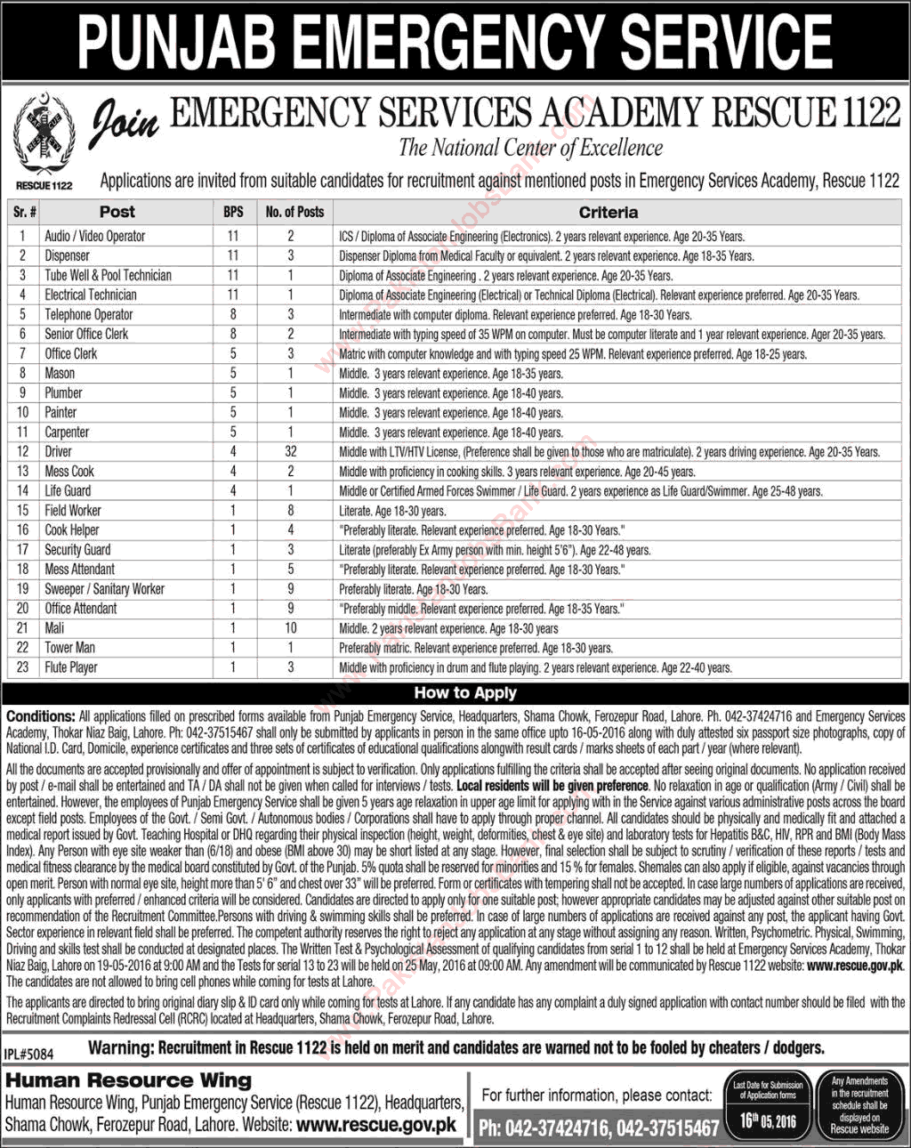 Punjab Emergency Service Rescue 1122 Jobs May 2016 Academy Lahore Clerks, Drivers & Others Latest