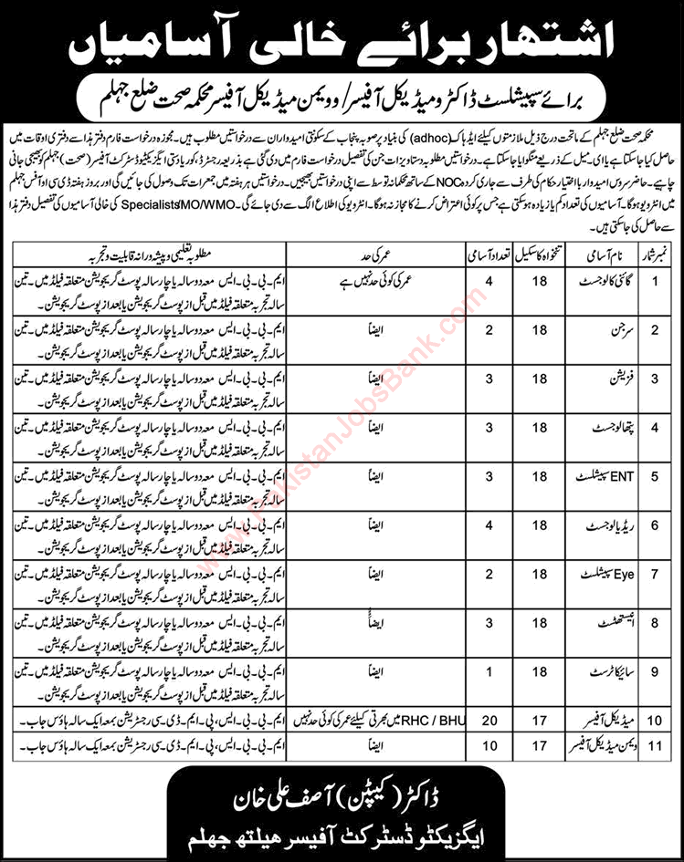 Health Department Jhelum Jobs May 2016 Medical Officers & Specialist Doctors Latest