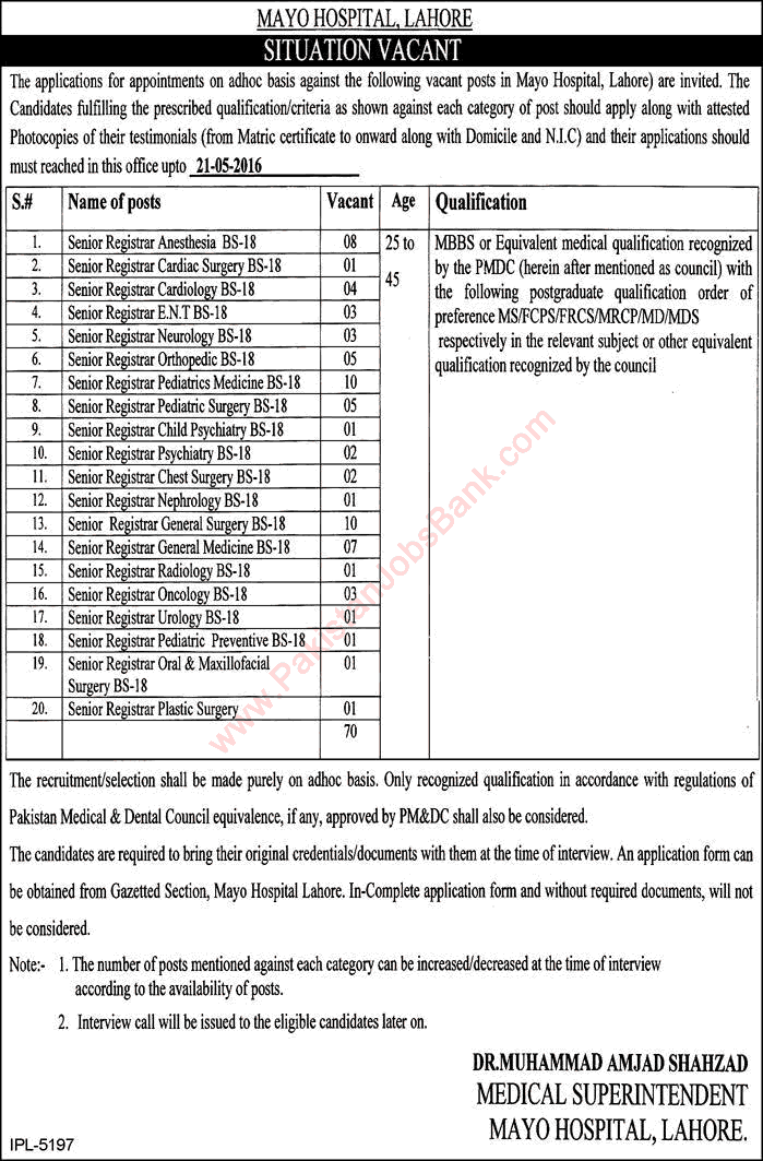 Mayo Hospital Lahore Jobs May 2016 for Senior Registrars (Specialist Doctors) Latest