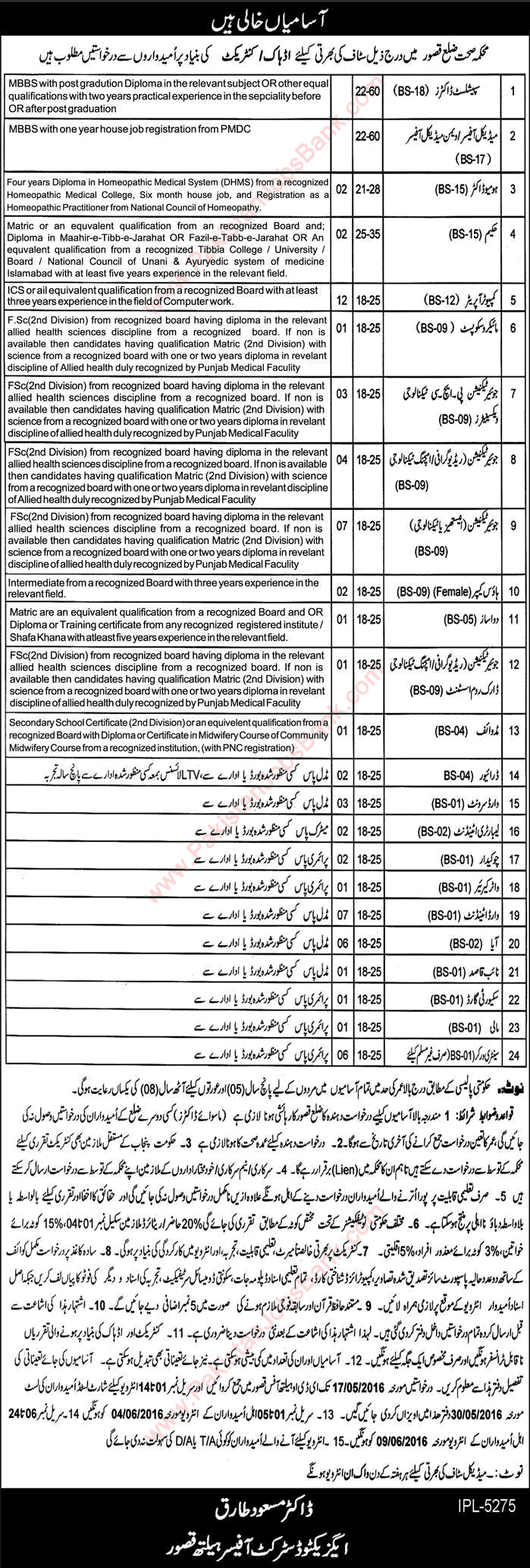 Health Department Kasur Jobs May 2016 Computer Operators, Medical Technicians & Others Latest