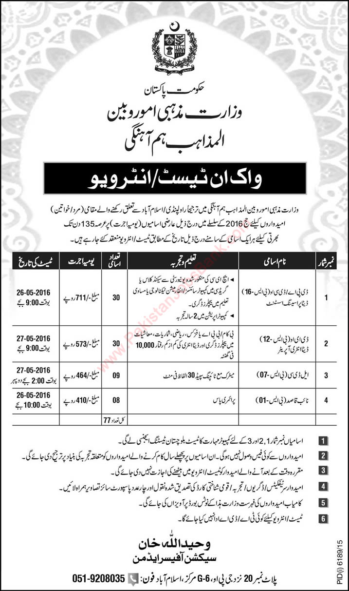 Ministry of Religious Affairs Islamabad Jobs 2016 May for Hajj Walk in Test / Interview MORA Latest