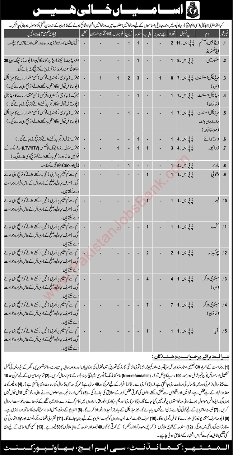 CMH Bahawalpur Jobs May 2016 Combined Military Hospital Latest Advertisement