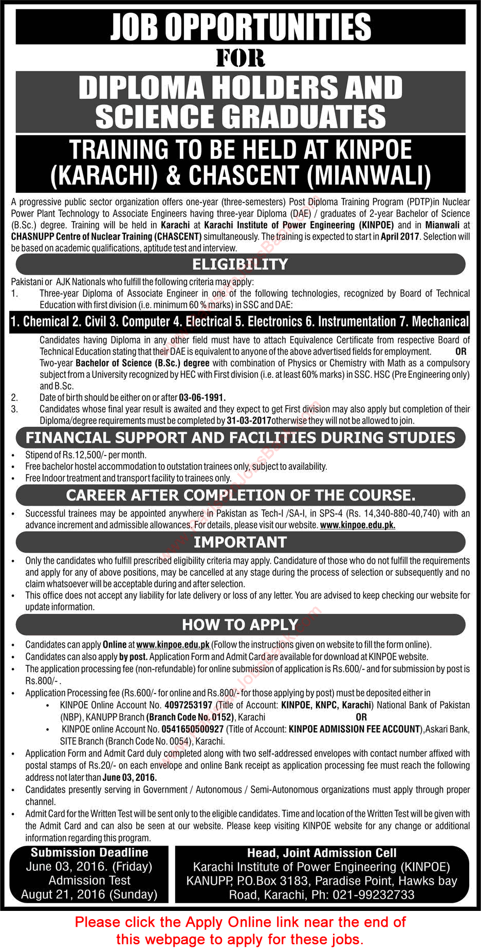 KINPOE PDTP 2016 Jobs in PAEC for DAE Diploma Holders & Science Graduates Apply Online Latest