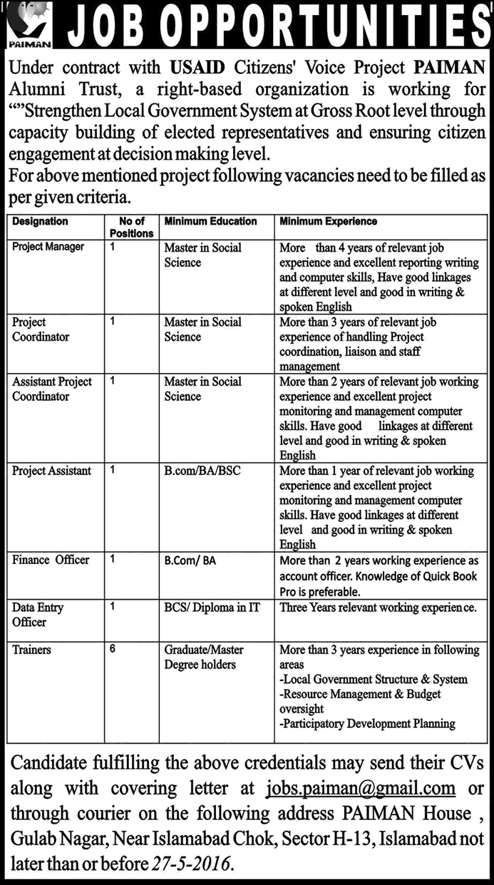 PAIMAN Alumni Trust Islamabad Jobs May 2016 UASID Citizens Voice Project Trainers & Others Latest