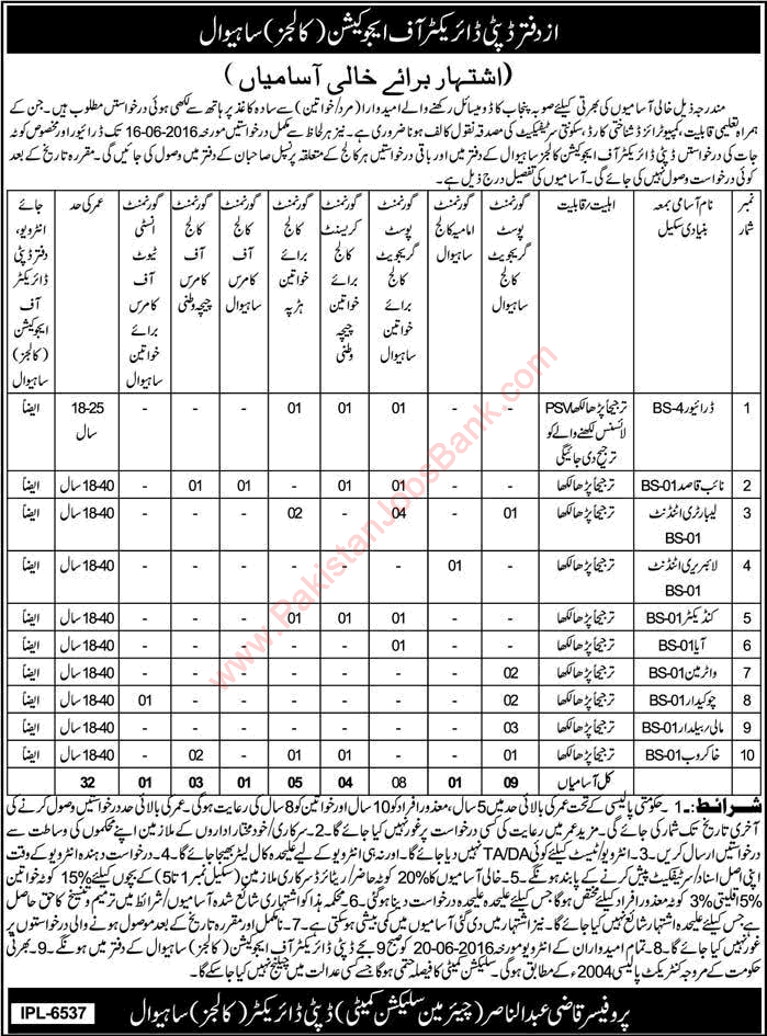 Education Department Sahiwal Jobs 2016 May / June Naib Qasid, Lab Attendants, Drivers & Others Latest