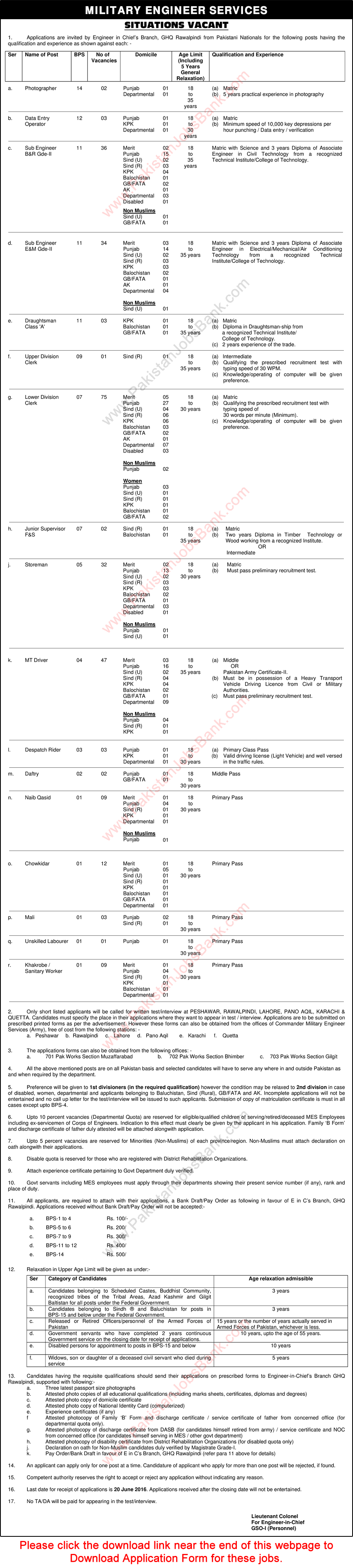 Military Engineering Services Pakistan Jobs May 2016 June MES
