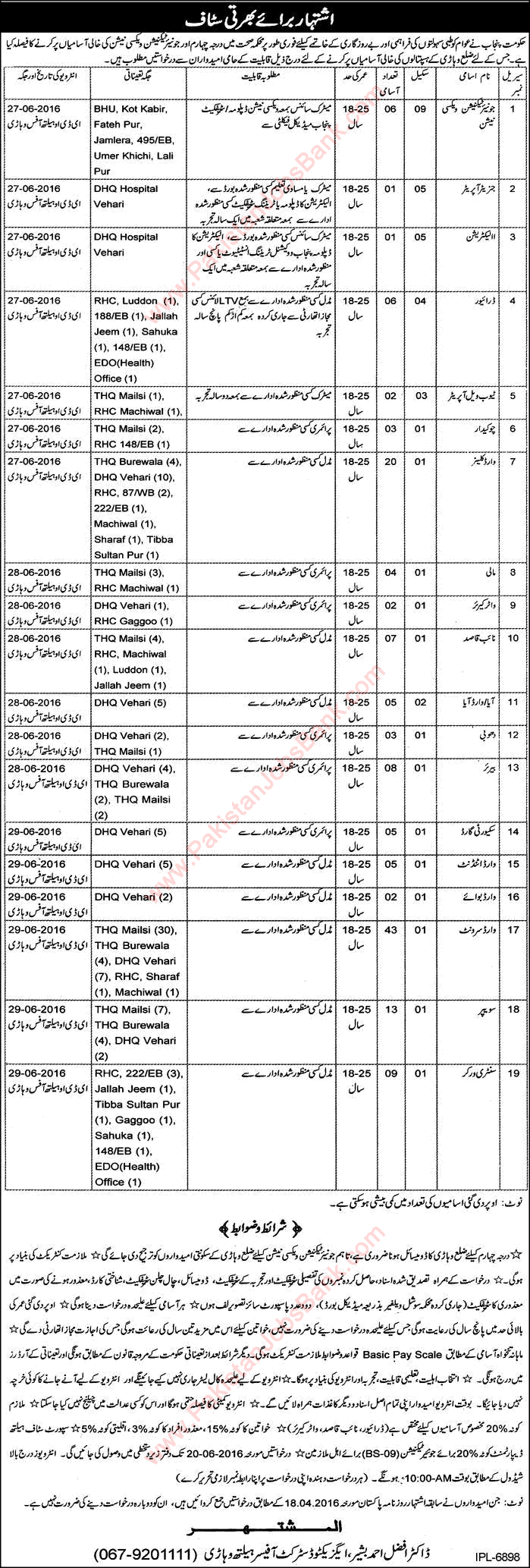 Health Department Vehari Jobs June 2016 Ward Servants / Cleaners, Naib Qasid, Sweepers & Others Latest