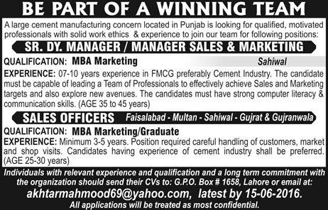 Sales Officer & Manager Jobs in Pakistan June 2016 at a Cement Industry PO Box 1658 Lahore Latest